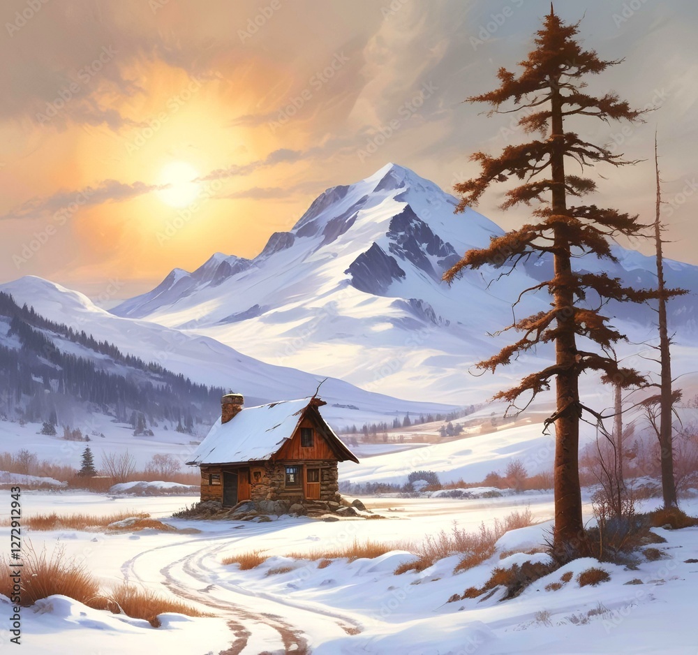 Fototapeta premium Illustration of spring landscape on mountain.