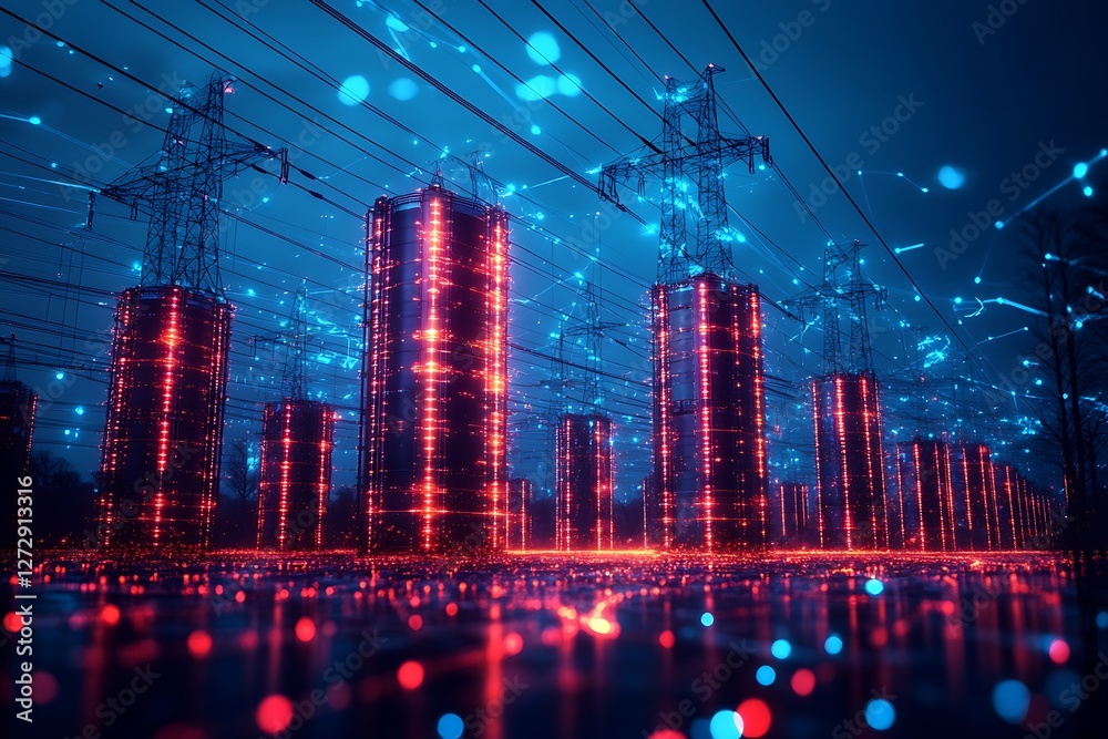 Fototapeta premium Landscape with power lines at sunrise 