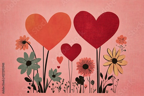 Retro Women's Day poster with retro hearts and mid-century modern florals on a nostalgic pink canvas.