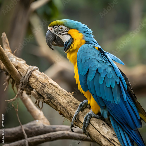 A stunning vibrant blue-and-yellow macaw with detailed feathers and lifelike textures.