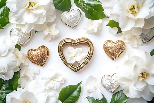 Romantic Women's Day poster with vintage heart lockets and romantic white gardenias on a love-inspired white background.