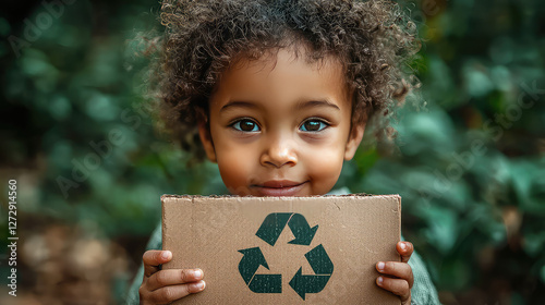 Child holding recycle symbol cardboard, nature background, environmental awareness campaign