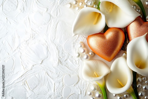 Romantic Women's Day banner with heart-shaped pearls and romantic white calla lilies on a love-filled white background.