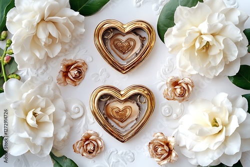 Romantic Women's Day poster with vintage heart lockets and romantic white gardenias on a love-inspired white background.