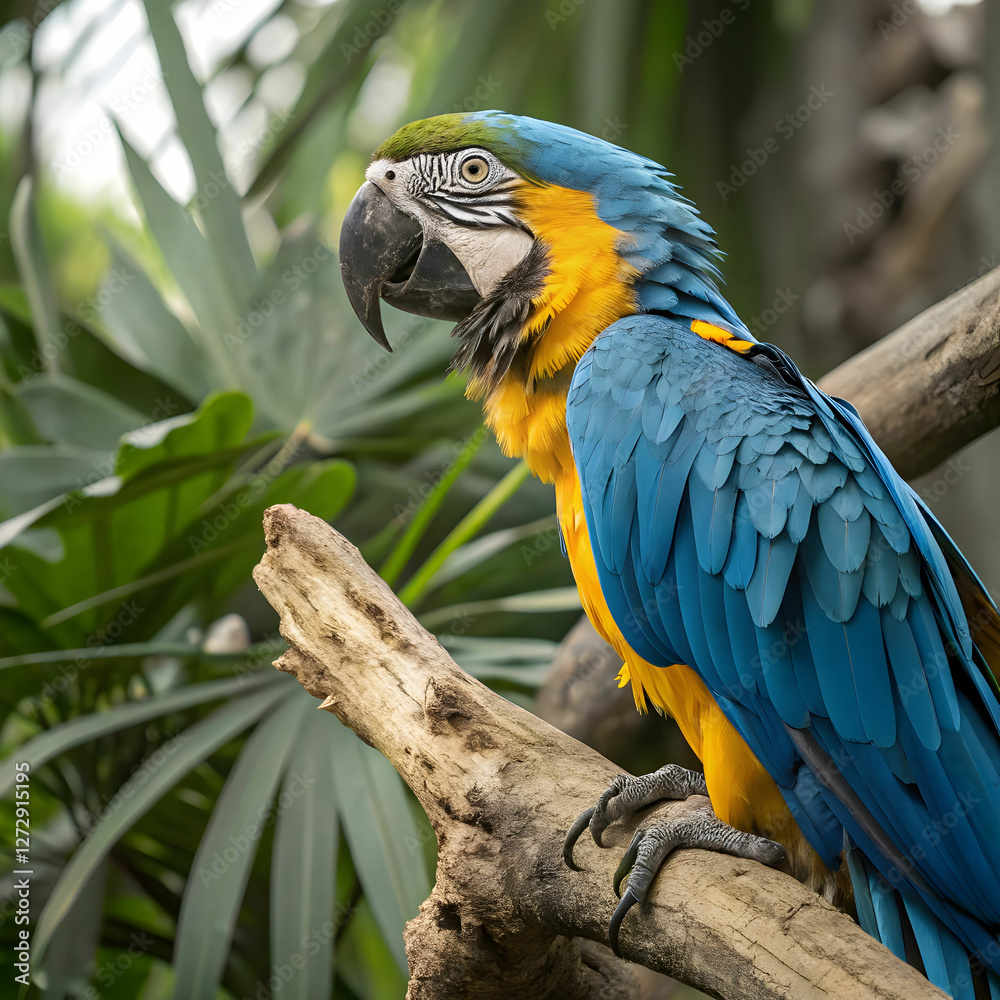Obraz premium A stunning vibrant blue-and-yellow macaw with detailed feathers and lifelike textures.
