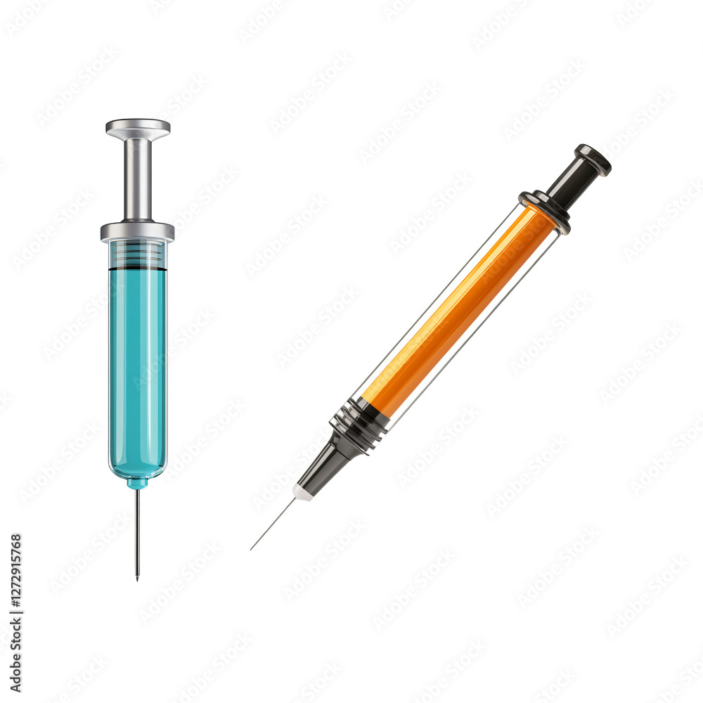 Precision in Healthcare: Two medical syringes, one filled with a vibrant blue liquid, the other with amber, stand as symbols of modern medicine. Captured with meticulous detail. Precision in Healthcare: Two medical syringes, one filled with a vibrant blue liquid, the other with amber, stand as symbols of modern medicine. Captured with meticulous detail.