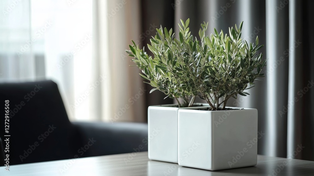 A close-up photo of white square planters with an olive tree inside, on a table in front of curtains and an black chair. in a modern interior design style of minimalism