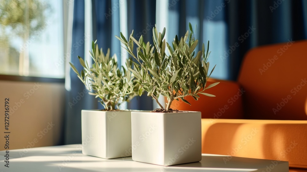 A close-up photo of white square planters with an olive tree inside, on a table in front of blue curtains and an orange chair. in a modern interior design style of minimalism. 