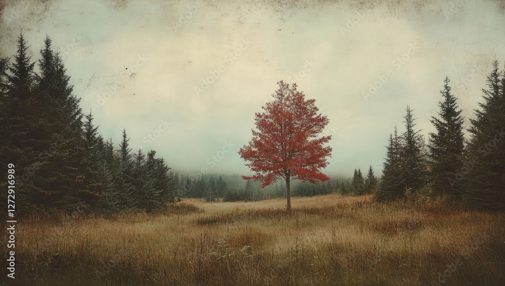 Fototapeta premium Autumnal red tree in misty forest clearing