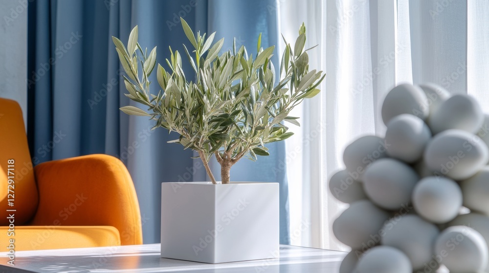 A close-up photo of white square planters with an olive tree inside, on a table in front of blue curtains and an orange chair.