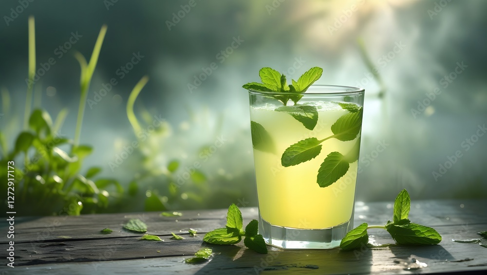 Mint Lemonade Breeze: Lemonade with floating mint leaves surrounded by a misty, cool ambiance, Ramadan Ambience.