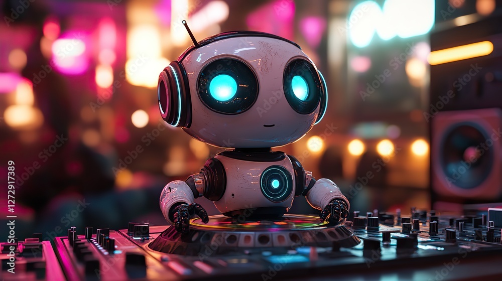 futuristic party scene with a colorful ai dj robot,music speakers futuristic party scene with a colorful ai dj robot,music speakers