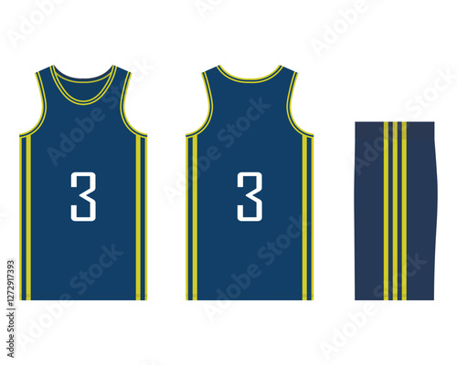 Mockup of a basketball uniform for a sports club. Template jersey design front view, back view and side view. Vector illustration.