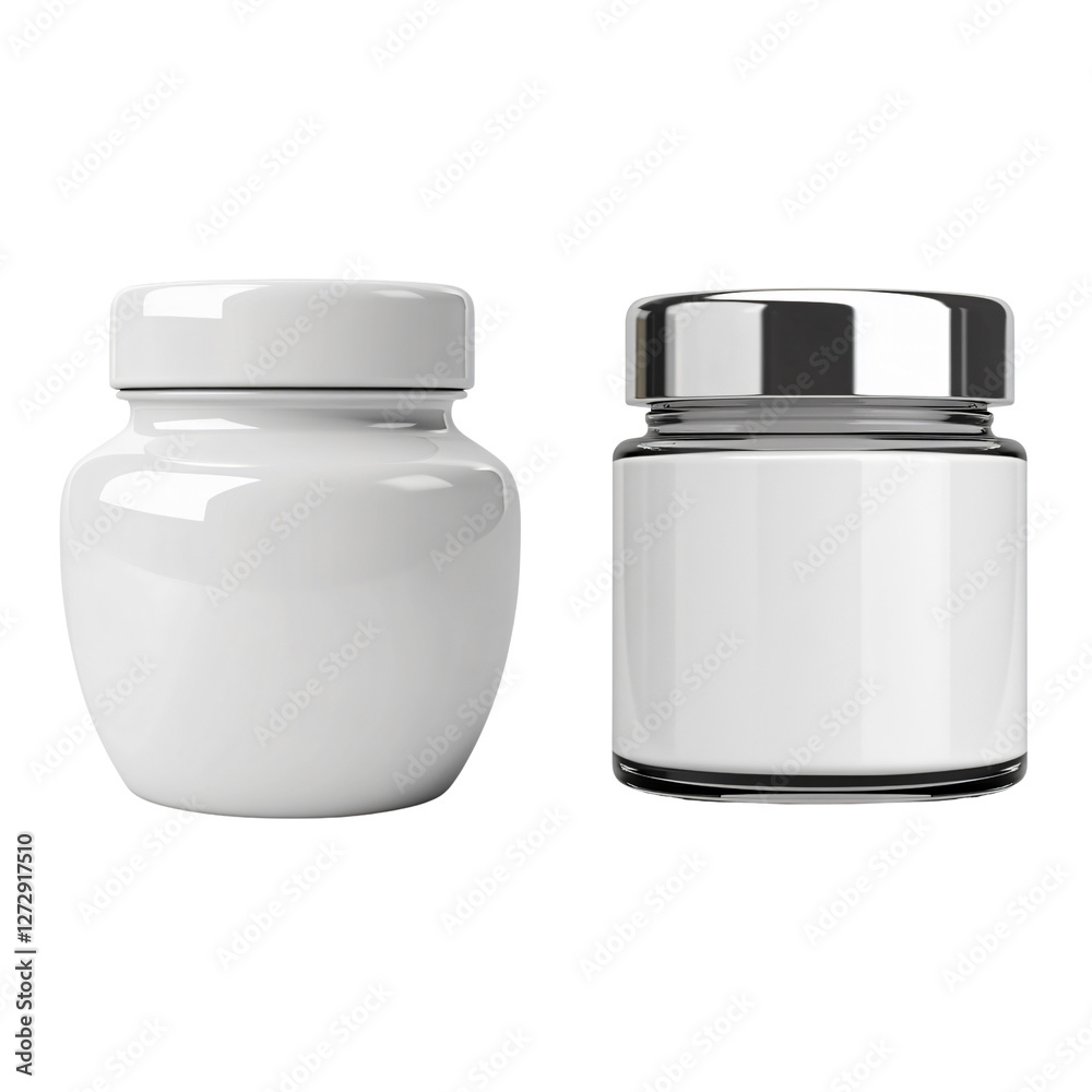 Modern Jars: Two sleek, modern jars with a shiny lids and labels, exuding an air of elegance and functionality. Perfect for showcasing a variety of products or storing essentials with style. Modern Jars: Two sleek, modern jars with a shiny lids and labels, exuding an air of elegance and functionality. Perfect for showcasing a variety of products or storing essentials with style.