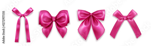 Pink ribbon bows set isolated on white background. Vector realistic illustration of coquette girly hair accessory, decoration for romantic gift box, vintage wedding or birthday card design element