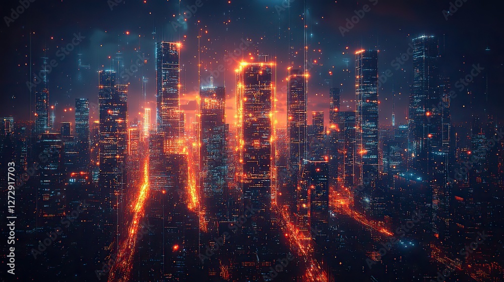 Naklejka premium futuristic smart cityscape with digital iot connectivity network infrastructure,advanced architectural design n conceptual illustration