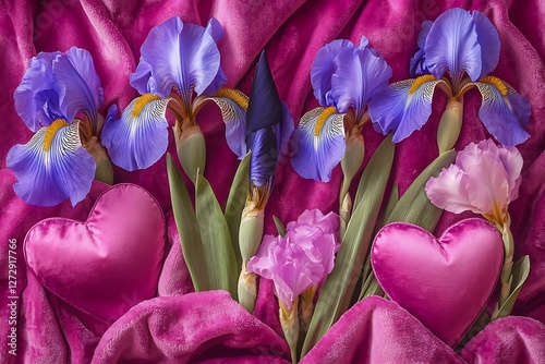 Royal Women's Day design with regal hearts and majestic iris flowers on a royal pink velvet.