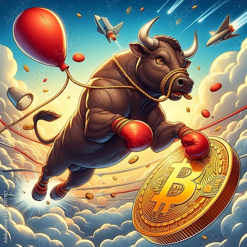 Flying Bull Soars in the Sky with Bitcoin – Symbol of Crypto Market Boom, Bullish Trends & Financial Growth | Bitcoin Investment & Trading Success