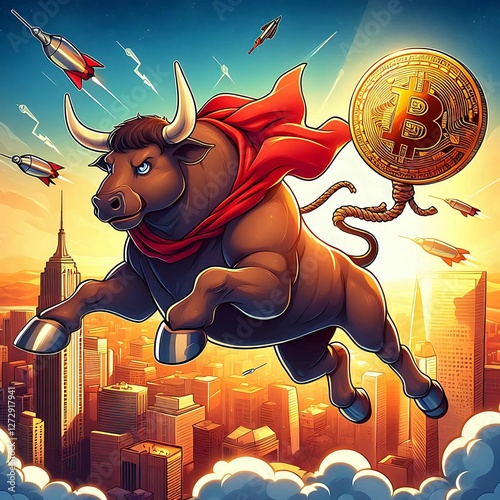 Flying Bull Soars in the Sky with Bitcoin – Symbol of Crypto Market Boom, Bullish Trends & Financial Growth | Bitcoin Investment & Trading Success