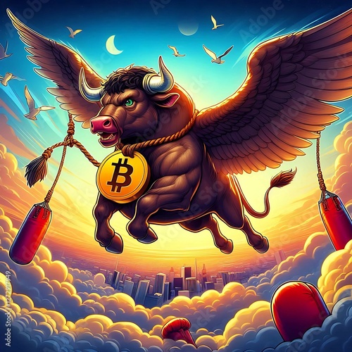 Flying Bull Soars in the Sky with Bitcoin – Symbol of Crypto Market Boom, Bullish Trends & Financial Growth | Bitcoin Investment & Trading Success