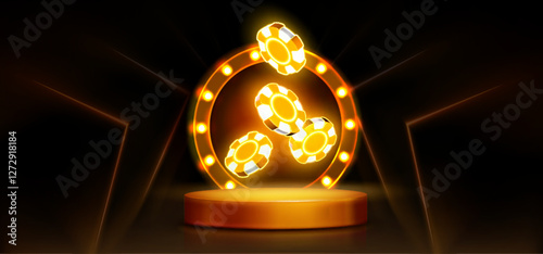 Neon poker chips flying above yellow stage on black background. Vector realistic illustration of gambling app banner with round podium and bright illumination, betting platform ads, vip slots club