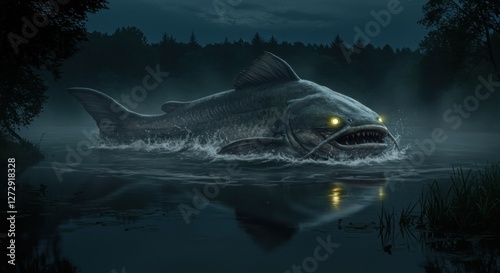Enormous mythical wels catfish breaching the surface of a dark, misty lake at night, illuminated by eerie glow