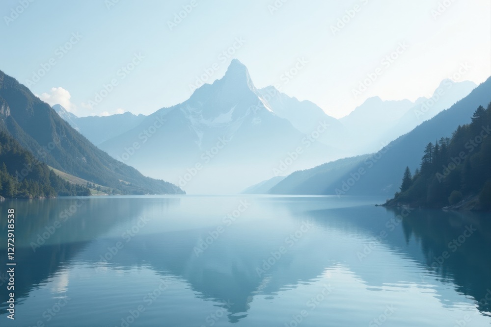 Naklejka premium Serene Mountain Lake Reflection A Tranquil Vista of Misty Peaks and Still Waters