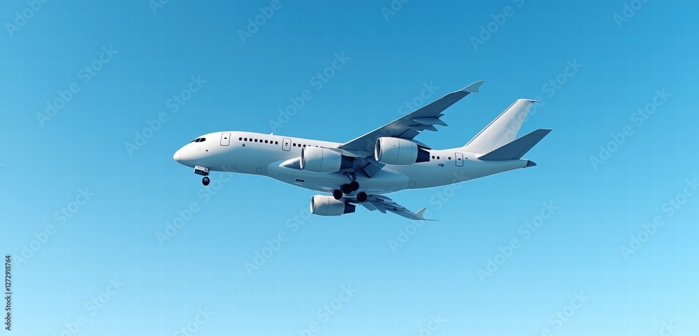 A modern commercial aircraft in mid-flight against a clear blue sky, symbolizing air travel, adventure, and connectivity. A modern commercial aircraft in mid-flight against a clear blue sky, symbolizing air travel, adventure, and connectivity.