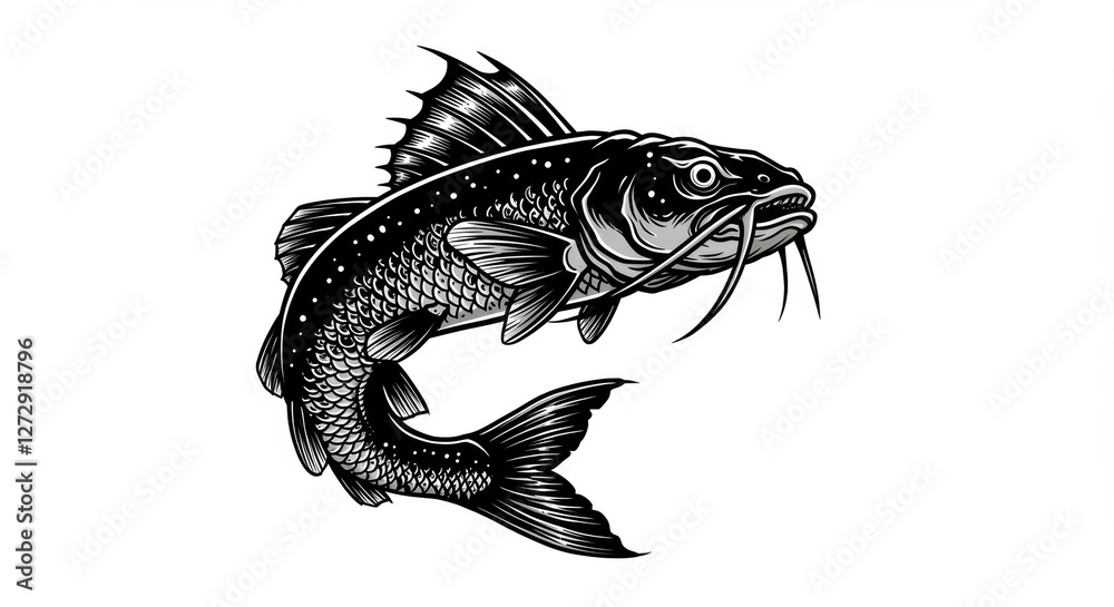 Fototapeta premium Black and white illustration of a catfish swimming gracefully in clear water, showcasing its detailed features
