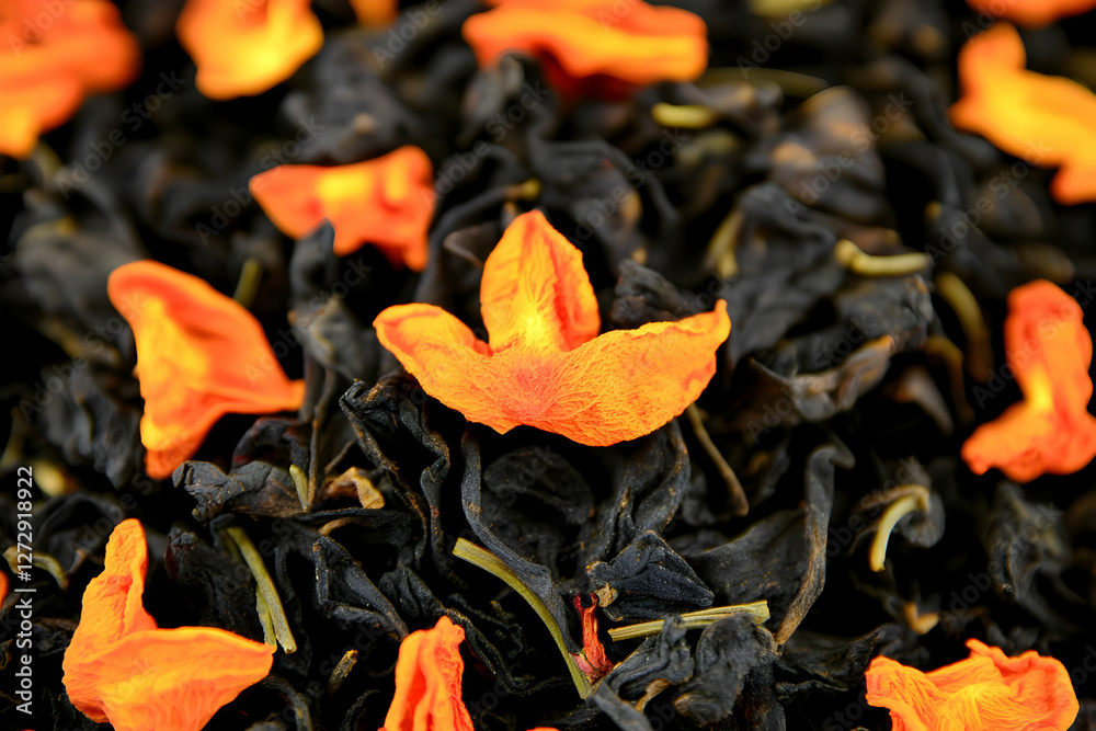 Orange flower tea leaves close-up. Food background Orange flower tea leaves close-up. Food background