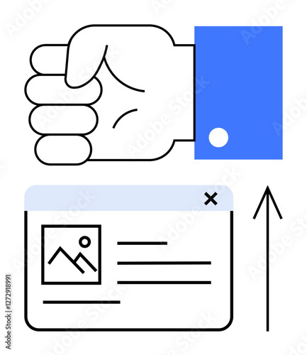 Hand clenched in a fist, document with image and text, and upward arrow. Ideal for productivity, task completion, submission, business, efficiency workflow automation and progress. Line metaphor