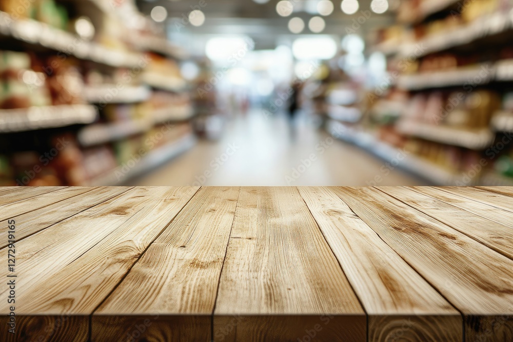 Wooden table, supermarket aisle backdrop, product display Wooden table, supermarket aisle backdrop, product display