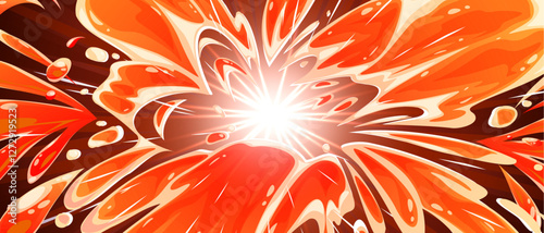 Comic paint splash and bright light effect. Vector cartoon illustration of anime style background with color liquid burst, abstract flame explosion with neon shine in center, battle attack backdrop