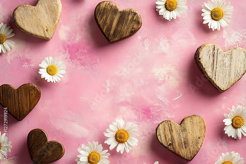 Rustic Women's Day poster with country-style hearts and rustic daisies on a shabby chic pink background.