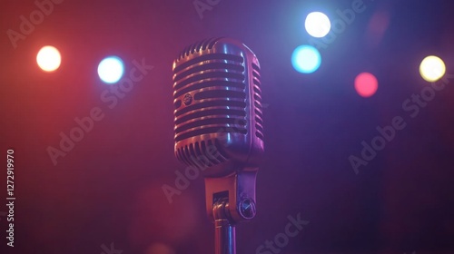 A classic vintage microphone with chrome detailing, positioned on a stage with blurred colorful lights in the background, creating a concert vibe.