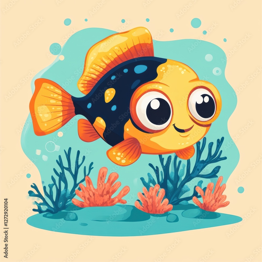 Naklejka premium Happy cartoon fish swimming among colorful coral underwater scene digital art playful environment vibrant viewpoint