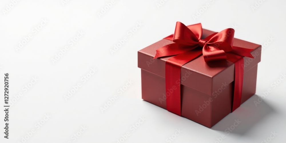 Obraz premium A maroon gift box adorned with a vibrant red satin ribbon and bow, resting on a plain white surface, conveying a sense of elegance and anticipation for a special occasion