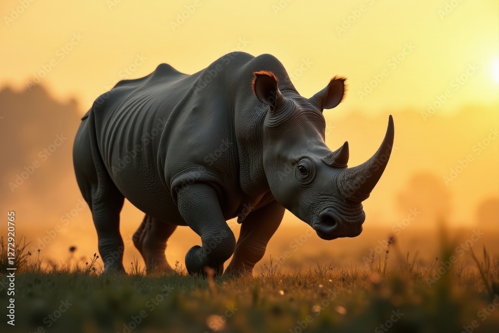 Fototapeta premium Majestic Rhinoceros Silhouette at Golden Hour, a Powerful Creature in its Natural Habitat