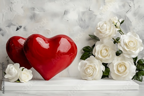 Sculptural Women's Day poster with sculptural heart statues and sculptural white roses on an artistic white canvas.