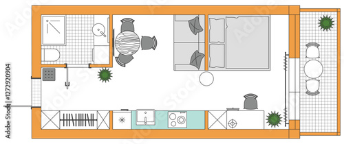 Apartment floor plan. Architecture micro studio plan of condominium. Interior design of kitchen, living room, bedroom and bathroom. Furniture elements set. Vector