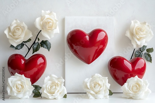 Sculptural Women's Day poster with sculptural heart statues and sculptural white roses on an artistic white canvas.