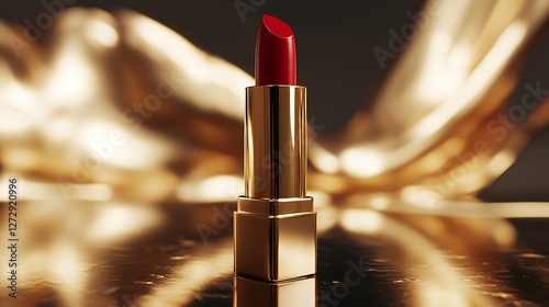 Red lipstick on gold background; beauty product shot; luxury cosmetics