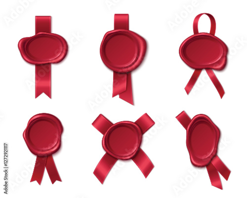 Red wax seals collection with satin ribbons in different shapes - vertical, crossed and looped. Glossy stamps with elegant decorative stripes for certificates, invitations, premium packaging design.