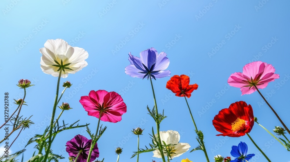 Vibrant flower blossoms under clear blue sky nature scene outdoor photography peaceful environment low angle view Vibrant flower blossoms under clear blue sky nature scene outdoor photography peaceful environment low angle view