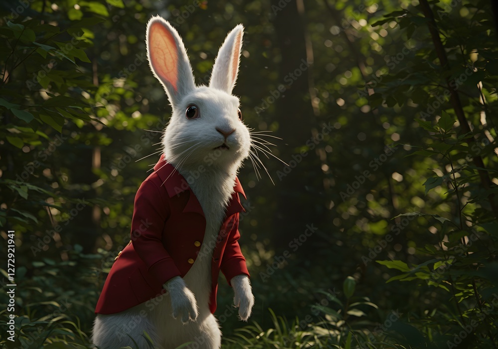 Fototapeta premium White Rabbit in Red Coat Woodland Scene A Digital Rendering of Alice in Wonderland Character