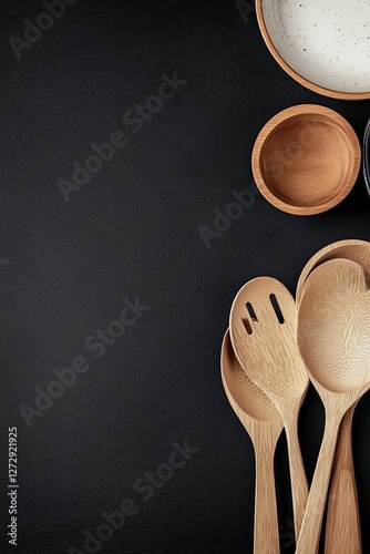 Wooden Utensils & Bowls on Dark Background photo