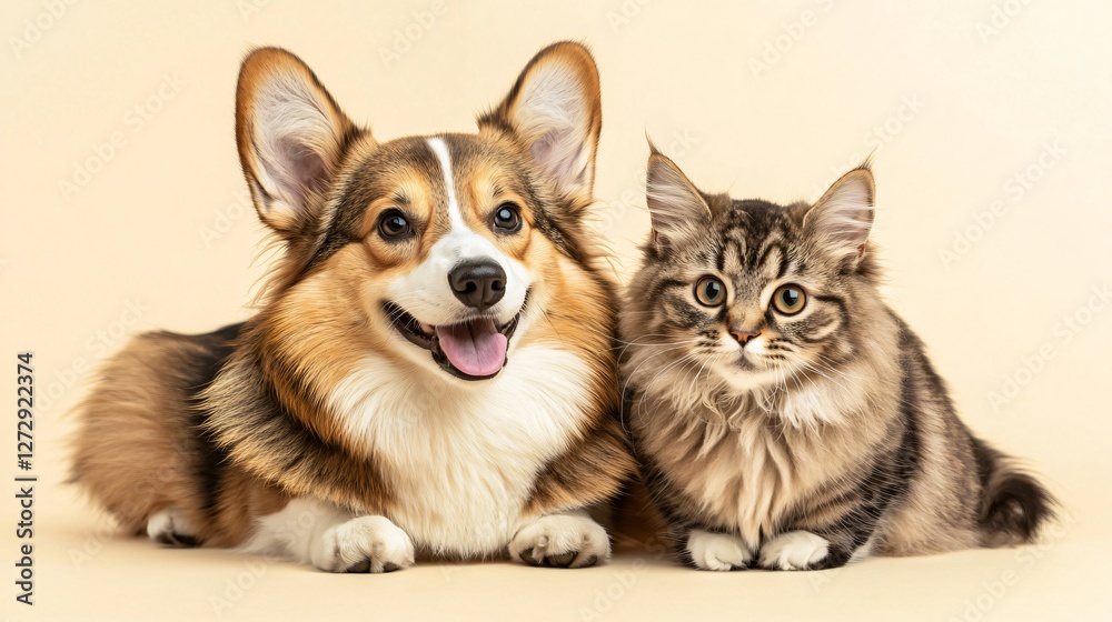 Adorable Dog and Cat Together on Soft Neutral Background Adorable Dog and Cat Together on Soft Neutral Background