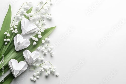 Serene Women's Day design with white origami hearts and elegant lily of the valley on a pure white background.