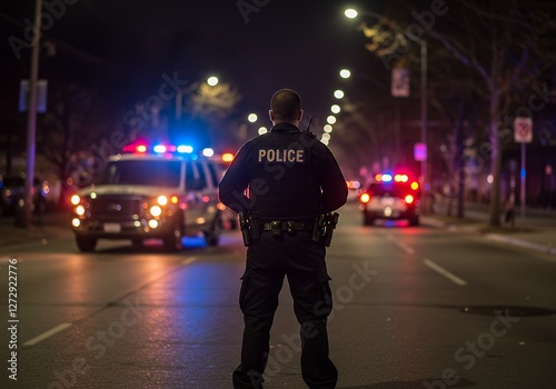 Police Officer Standing on Street at Night with Emergency Vehicle Lights photo