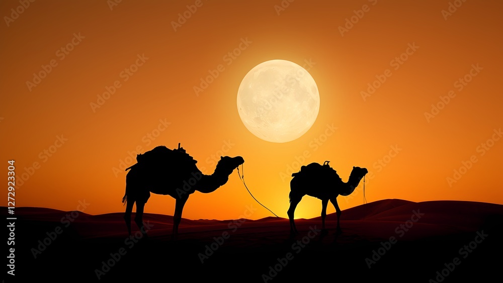 Camel Silhouette in the Desert with Ramadan Full Moon Background Camel Silhouette in the Desert with Ramadan Full Moon Background